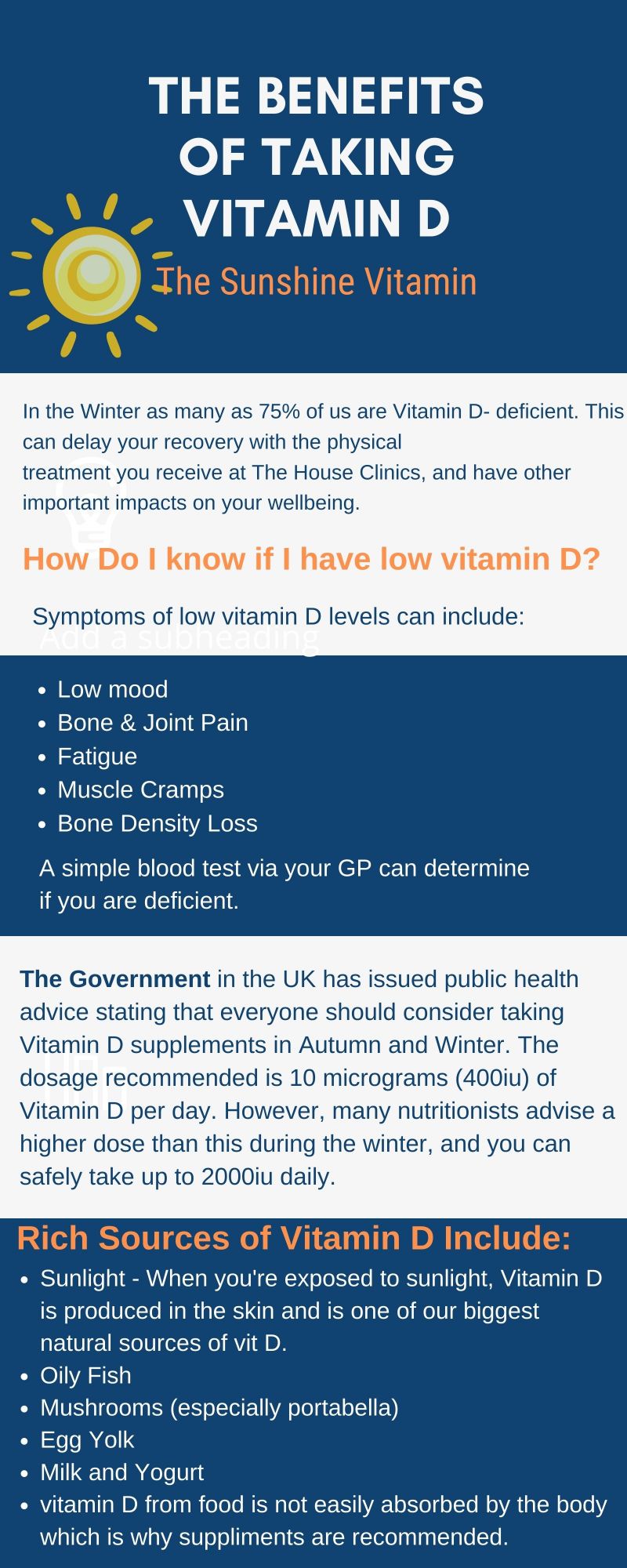 Vitamin D deficiency - signs and symtptoms, benefits of taking a supplement. The House Clinics, Bristol